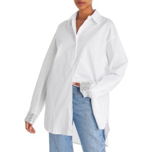 Lucy Paris Womens Sequined Cuff Collared Button-Down Top